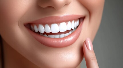 Obraz premium A close-up image showcasing a smiling mouth with perfectly white and aligned teeth, highlighting the detail of the lips, teeth, and a hint of a finger touching the face.