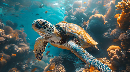 Fototapeta premium Sea Turtle Swimming in Coral Reef - Realistic Illustration