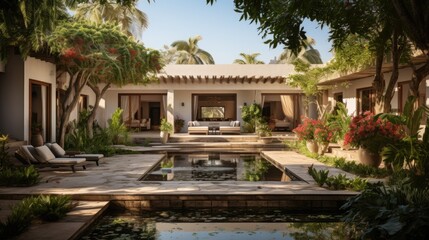 Obraz premium Hidden Courtyard at home Tranquil courtyard with stone walkways meet lush greenery. 