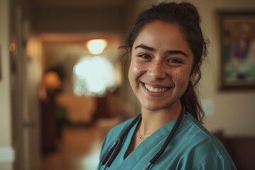 Fototapeta premium Portrait of a young hispanic nurse in scrubs at nursing home