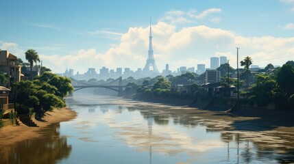 Fototapeta premium High and fast water rising in Bayou River with downtown Houston in background 