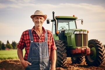 Portrait of a smiling middle aged male farmer standing next to tractor