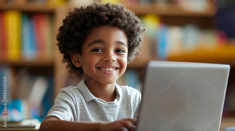 Poster talented small african american boy using a laptop computer in class portrait of a happy elementary 