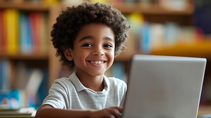 Talented Small African American Boy Using a Laptop Computer in Class Portrait of a Happy Elementary School Student Studying Hard Learning New Things Getting Modern Education Online : Generative AI
