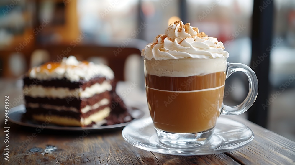 Poster cup of a fresh caramel latte with whipped cream on the table and chocolate cake : Generative AI