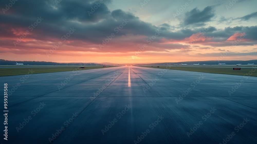 Poster empty airport tarmac runway at dawn capturing the tranquil moment before the hustle and bustle of ai