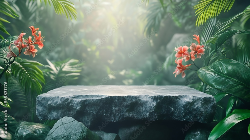Aufkleber natural stone and concrete podium in tropical forest with flowers empty showcase for packaging produ