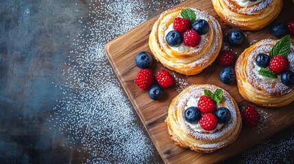 Danish puff pastry cakes with custard cream and fresh berries sprinkled with powdered sugar on a wooden board on a concrete background Top view copy space : Generative AI