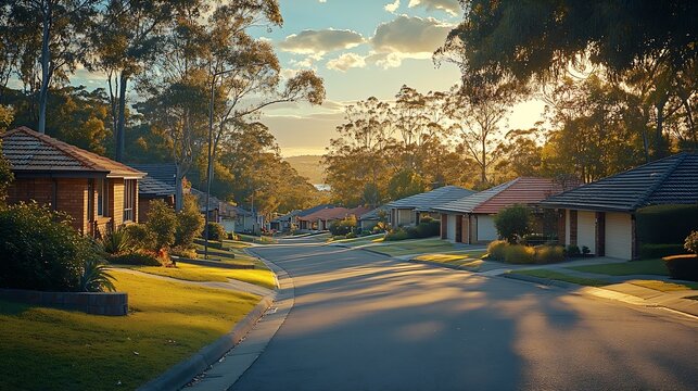 Suburban street corner with houses at sunset at Bella Vista Sydney Australia Typical upper middle class neighborhood in Australia A wide Australian street with residential houses on a  : Generative AI