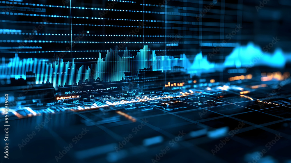 Sticker Abstract digital data visualization with blue and orange lines and charts on black background.