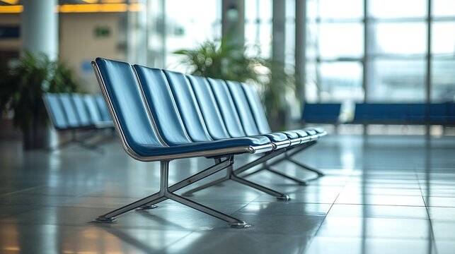 Empty airport waiting area with leather seats A row of leather seats in  a waiting area at an airport : Generative AI
