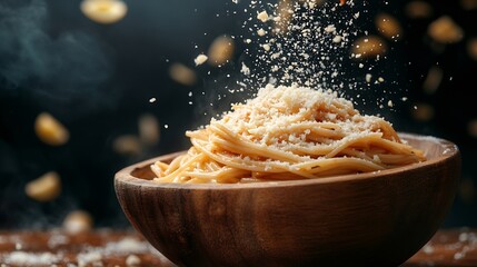 Pasta with parmesan and tomato sauce in a wooden bowl floating Homemade Italian spaghetti  levitation photography : Generative AI