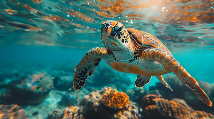 Fototapeta premium Sea Turtle Swimming Underwater Realistic Photo