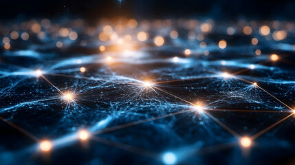 Abstract digital network with glowing nodes and lines.