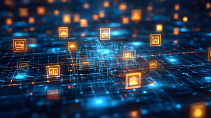 Abstract digital network with glowing orange icons on a blue background.
