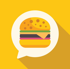 Tasty cheeseburger with meat, cheese and vegetables appearing in a speech bubble on a yellow background