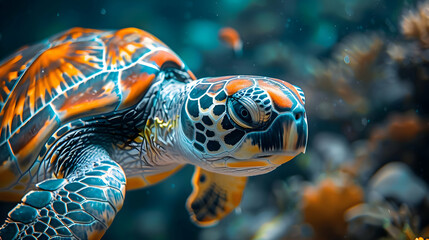 Obraz premium Close-up of a Sea Turtle's Head, Colorful Shell and Eye - Realistic Image