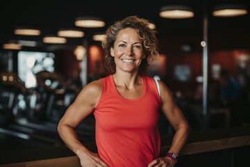 Fototapeta premium Smiling portrait of a middle aged slightly overweight woman in gym