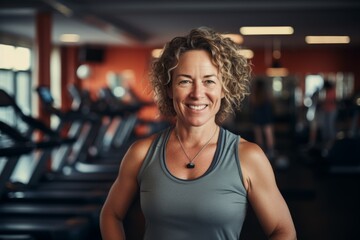 Fototapeta premium Smiling portrait of a middle aged slightly overweight woman in gym