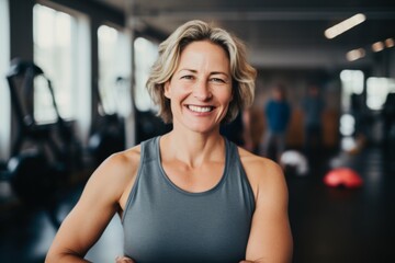 Fototapeta premium Smiling portrait of a middle aged slightly overweight woman in gym