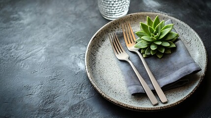 A tasteful minimalist table setting showcasing a ceramic plate silver cutlery bundled in a grey napkin a textured glass and a miniature succulent plant : Generative AI
