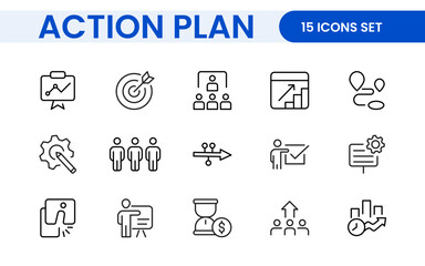 Line icons about action plan. Contains such icons as search strategy, target, scheme, timeline and workflow.Action plan set of web icons in line style. Strategy action planning icons.