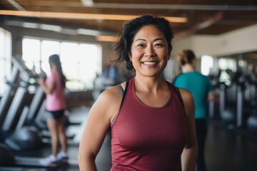 Fototapeta premium Smiling portrait of a middle aged slightly overweight woman in gym