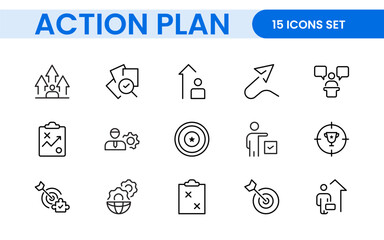 Line icons about action plan. Contains such icons as search strategy, target, scheme, timeline and workflow.Action plan set of web icons in line style. Strategy action planning icons.