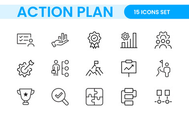 Line icons about action plan. Contains such icons as search strategy, target, scheme, timeline and workflow.Action plan set of web icons in line style. Strategy action planning icons.