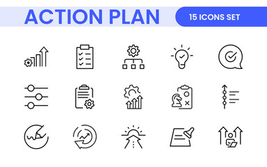 Line icons about action plan. Contains such icons as search strategy, target, scheme, timeline and workflow.Action plan set of web icons in line style. Strategy action planning icons.