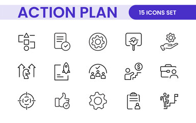 Line icons about action plan. Contains such icons as search strategy, target, scheme, timeline and workflow.Action plan set of web icons in line style. Strategy action planning icons.
