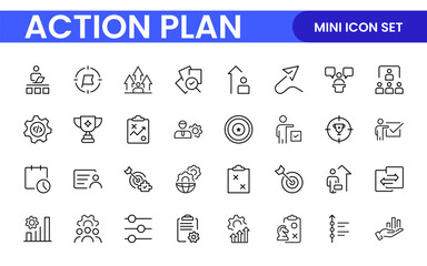 Line icons about action plan. Contains such icons as search strategy, target, scheme, timeline and workflow.Action plan set of web icons in line style. Strategy action planning icons.