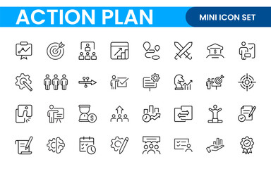 Line icons about action plan. Contains such icons as search strategy, target, scheme, timeline and workflow.Action plan set of web icons in line style. Strategy action planning icons.