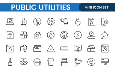  Public utilities linear signed icon collection. Signed thin line icons collection. Set of public utilities simple outline icons.