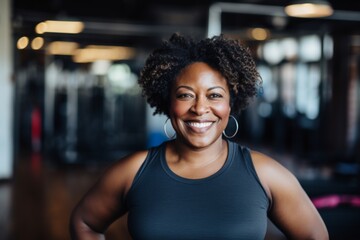 Fototapeta premium Smiling portrait of a middle aged slightly overweight woman in gym