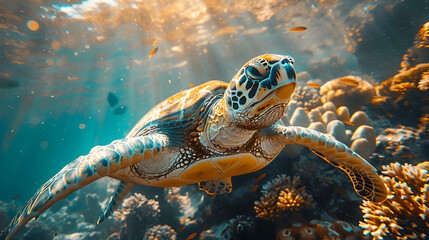 Fototapeta premium Sea Turtle Swimming in Coral Reef Underwater Photo
