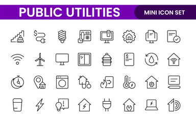  Public utilities linear signed icon collection. Signed thin line icons collection. Set of public utilities simple outline icons.