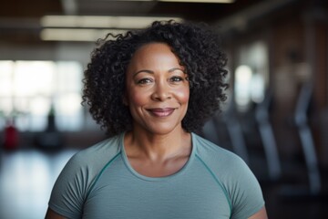 Fototapeta premium Smiling portrait of a middle aged slightly overweight woman in gym