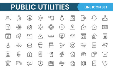  Public utilities linear signed icon collection. Signed thin line icons collection. Set of public utilities simple outline icons.