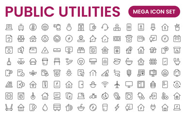  Public utilities linear signed icon collection. Signed thin line icons collection. Set of public utilities simple outline icons.