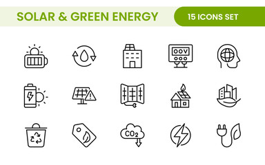 A Modern and Versatile Icon Set for Solar Energy, Renewable Resources, Eco-Friendly Solutions, and Green Technology Initiatives