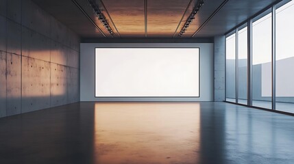 Modern Gallery Interior with Long and Wide Blank White Display Board  Mockup Background of a WallMounted Screen for Corporate and Professional Presentations : Generative AI