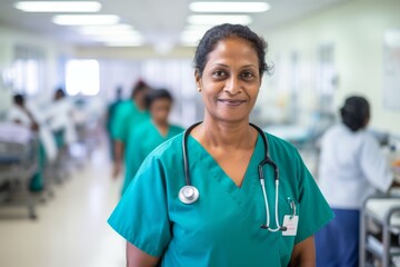 Portrait of a smiling middle aged Indian nurse in hospital