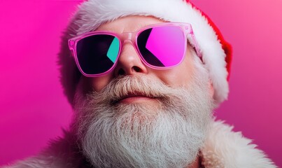 Happy Santa Claus Illuminated by Violet Neon Light: Festive Photo with Vibrant Glow