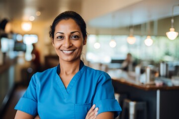 Fototapeta premium Portrait of a smiling middle aged Indian nurse in hospital