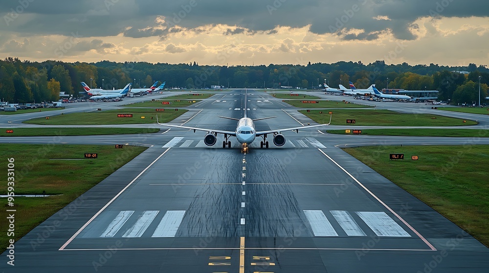 Poster View of runway at the airport and a few planes standing : Generative AI