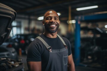 Portrait of a middle aged male car mechanic in workshop