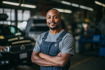 Obraz premium Portrait of a middle aged male car mechanic in workshop