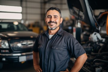 Obraz premium Portrait of a middle aged male car mechanic in workshop