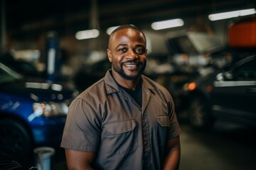 Portrait of a middle aged male car mechanic in workshop